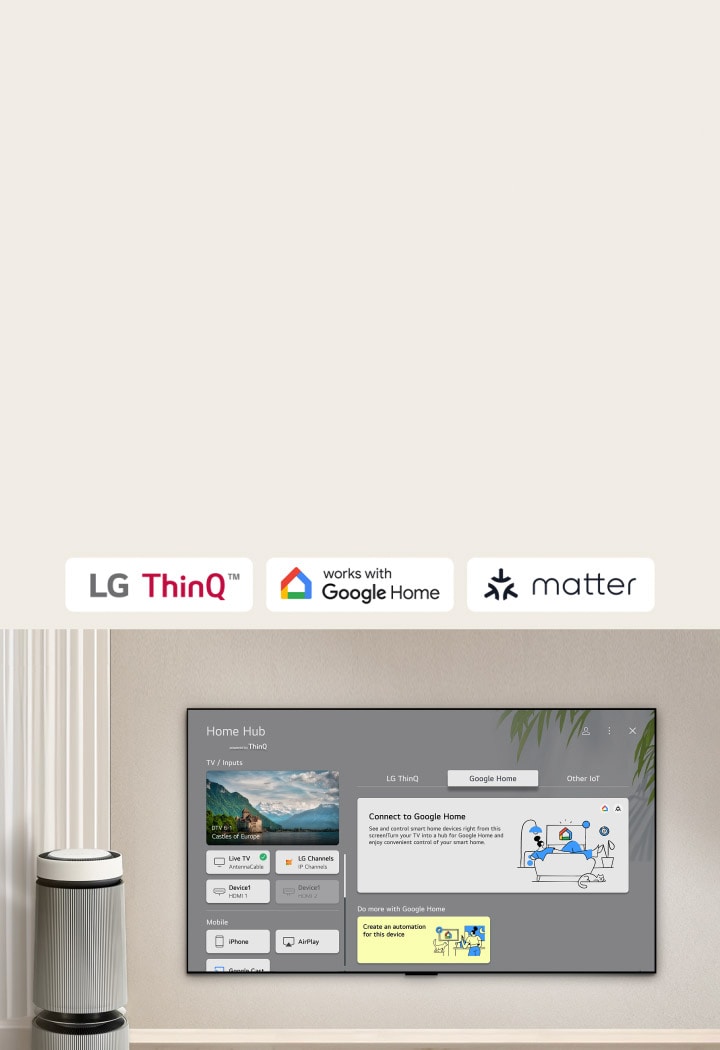 LG TV with Home Hub on the screen. UI shows Google Home, ThinQ, and other IoT showing how you can easily manage all your smart devices on your TV.
