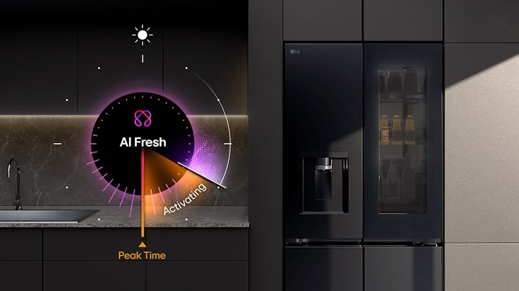LG refrigerator with AI Fresh feature illustration showing a circular graph that adjusts cooling in advance of peak usage time LG refrigerator with AI Fresh feature illustration showing a circular graph that adjusts cooling in advance of peak usage time