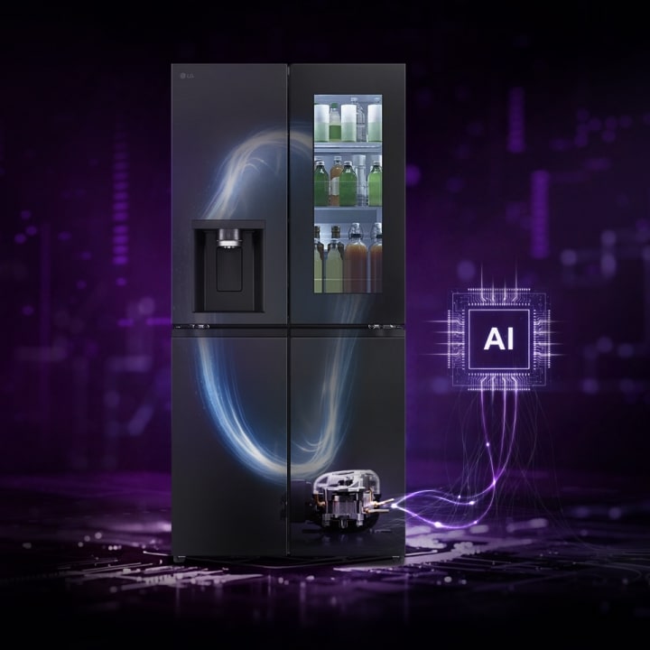 LG refrigerator with visible beverage storage and cooling system illustration, connected to an AI processor icon