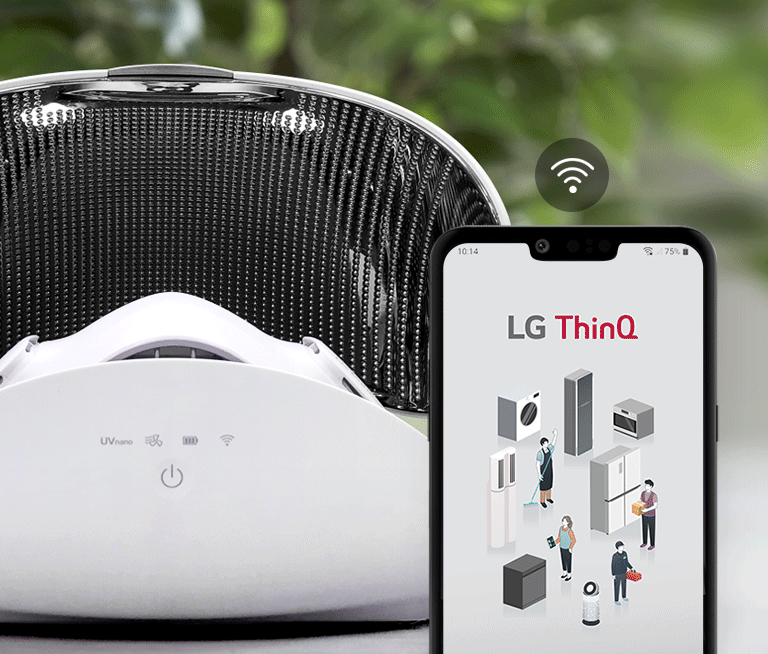 The front of the Purifier case with the lid up and the wearable air purifier is inside is shown in the background with a phone showing the ThinQ app on the screen and a Wifi icon above it are shown in the foreground. 