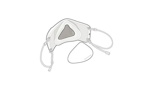 A video begins showing the interior of the PuriCare Wearable Air Purifier at a slight angle. The inner cover is installed. The inner cover, which has the LG PuriCare logo on it, is removed out and then a new one appears and is inserted into the mask. 