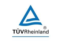 The TUV Rheinland logo on a white background. Five dots at the bottom indicate there is a carousel. The first dot is red indicating this is the first of five images. 