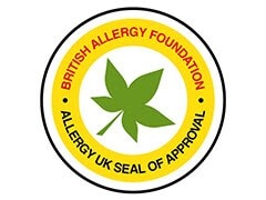 The British Allergy Foundation on a white background. Five dots at the bottom indicate there is a carousel. The fifth dot is red indicating this is the fifth of five images. 