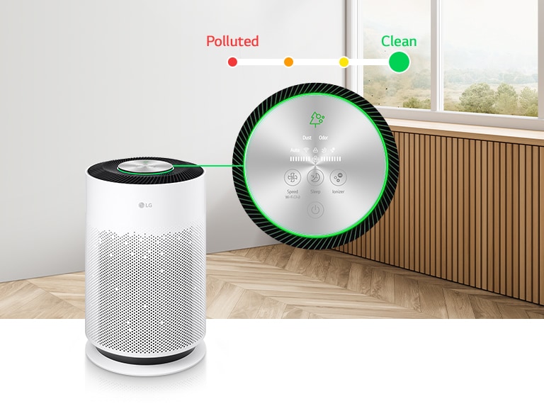 The front of the air purifier is visible, and an enlarged LED indicator is located on the right. Above the indicator, a line describing the air condition is visible. The window shows bad air, and the LED indicator shows a red light. This is a video showing the situation in which the air purifier operates, purifies the air, changes from orange to yellow and green, and the air in the house becomes clean.