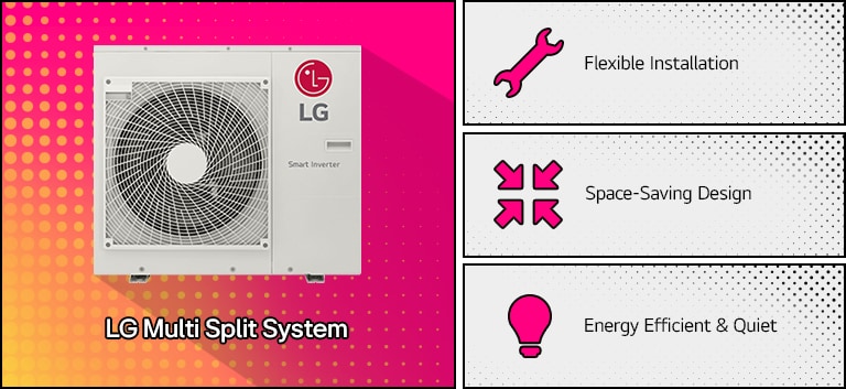 LG Multi Split: Space-efficient with flexible temperature control, ideal for commercial use with multiple indoor units.