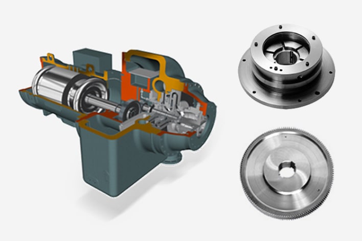 A quarter of the chiller component is exposed, revealing a complex interior filled with intricate metallic parts.