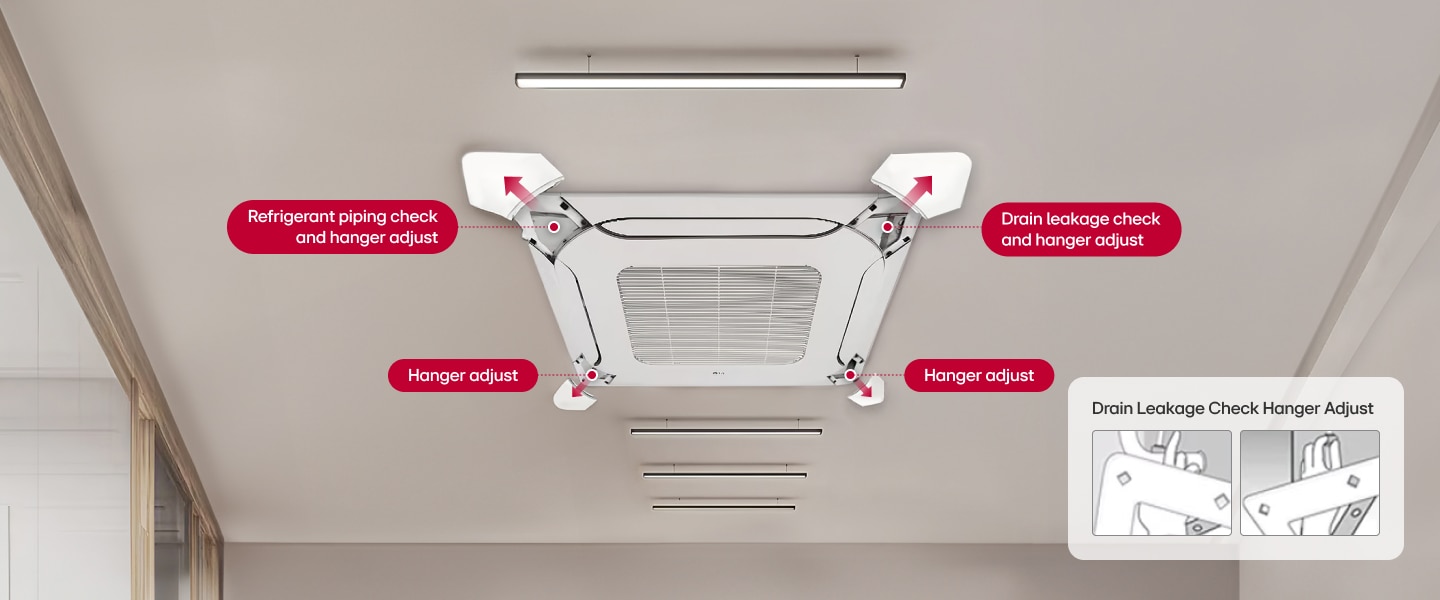 LG ceiling mounted cassette with detachable corner panels for easy hanger adjustments and checks on refrigerant piping and drain leakage.