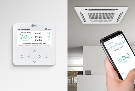 Wall-mounted panel and smartphone with LG ThinQ app for real time temperature and humidity control.