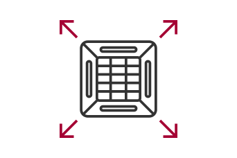 Wide Coverage Area icon featuring a square ventilation grid with arrows pointing outward in all directions.