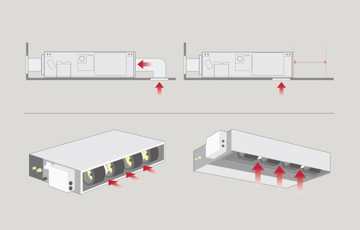 Diagram of the LG Ceiling Concealed Duct airflow with the top image showing internal directions in red arrows and the bottom image highlighting fresh air intake and circulation paths with red arrows.