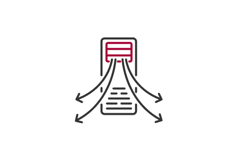 A line-drawn icon of an air conditioning unit with red fins at the top and four black arrows extending outward symbolizes wide-range airflow. 