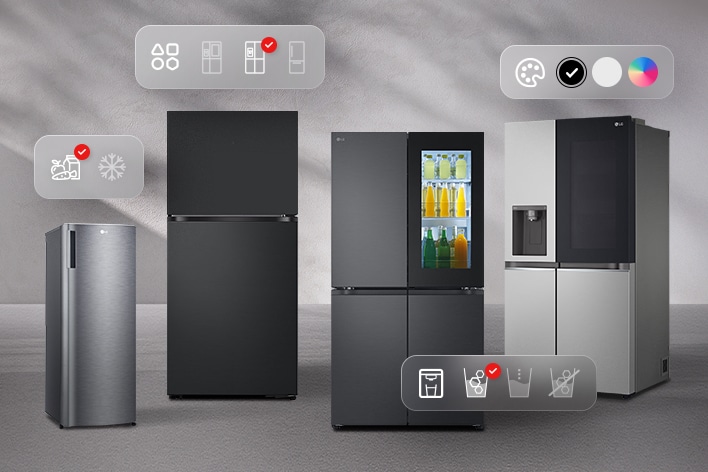 Four LG fridge freezer models are shown side by side with icons indicating configuration, type, color, and dispenser options.