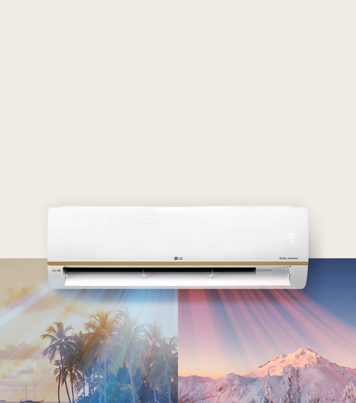 An LG air conditioner is hanging at the top center of the image. Beneath it are two images, one image shows a hot beach scene and the other shows a snowy mountain scene. Air blows out of the air conditioner with cool blue air on the beach scene and warm red air across the snowy scene.	