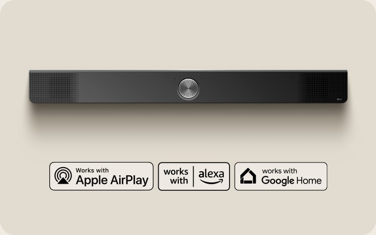 An overhead perspective of an LG Soundbar. Apple AirPlay logo Amazon Alexa logo Google Home logo
