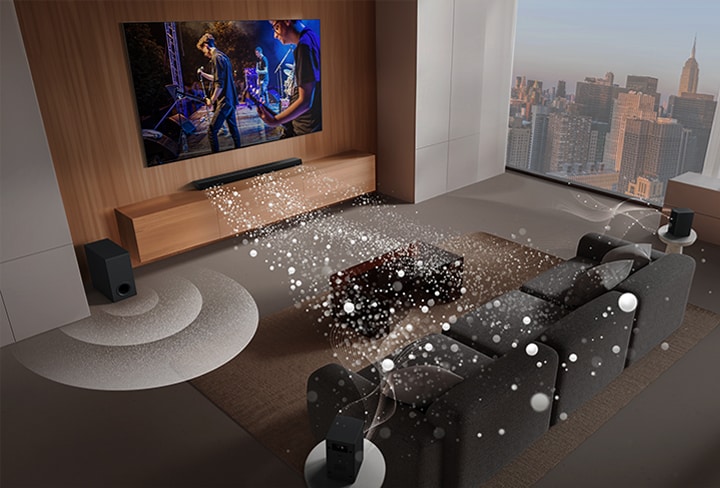 LG Soundbar, LG TV and subwoofer are in a living room displaying screen image with playing a musical performance. Three branch of white soundwaves made up of droplets project from the soundbar and a subwoofer is creating a sound effect from the bottom.	