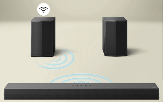 Rear speakers are facing an LG Soundbar with blue curves illustrating connectivity between the speaker and soundbar. A black and white connectivity symbol is above the rear speakers.