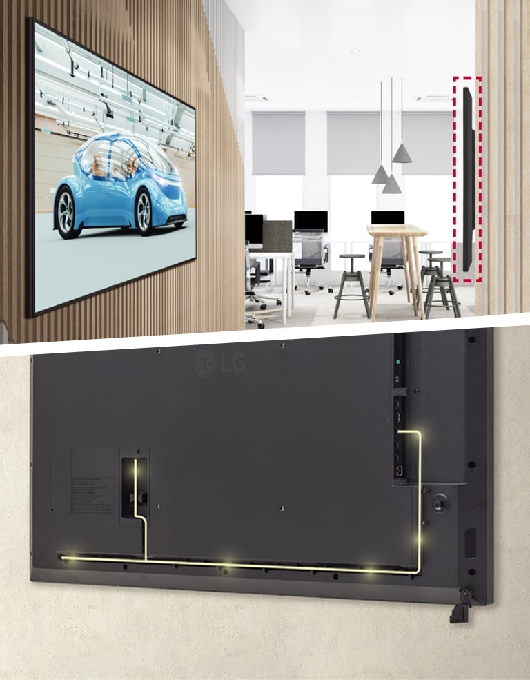 The UM5N-H with slim bezels is mounted close to the wall, showcasing a rear design that is optimized for space-saving with a simple cable management system.