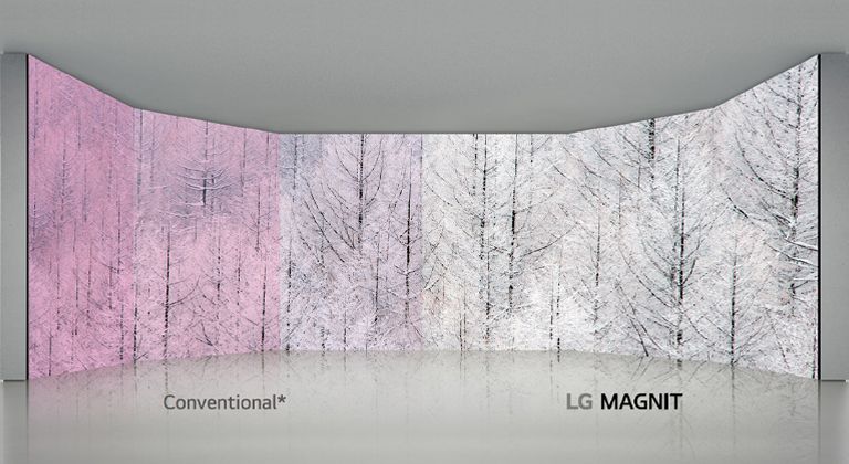 While conventional LED screens distort colors (appearing red) at different wide angles, LG MAGNIT displays accurate results across the wide viewing angle.