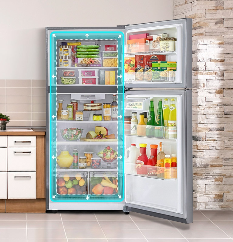 An LG Top Freezer is shown in a kitchen with doors open. A blue highlighting square in the center of the fridge 