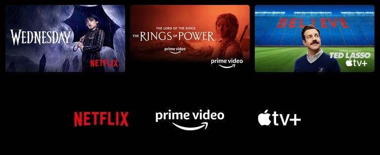 A poster of Wednesday from Netflix, National Treasure from Disney+, The Rings of Power from Prime Video, Ted Lasso from Apple TV Plus, and a still from LG Channels with a leopard in the wild.