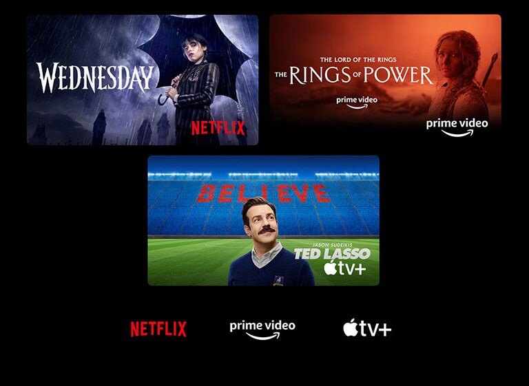 A poster of Wednesday from Netflix, The Rings of Power from Prime Video, and Ted Lasso from Apple TV Plus.