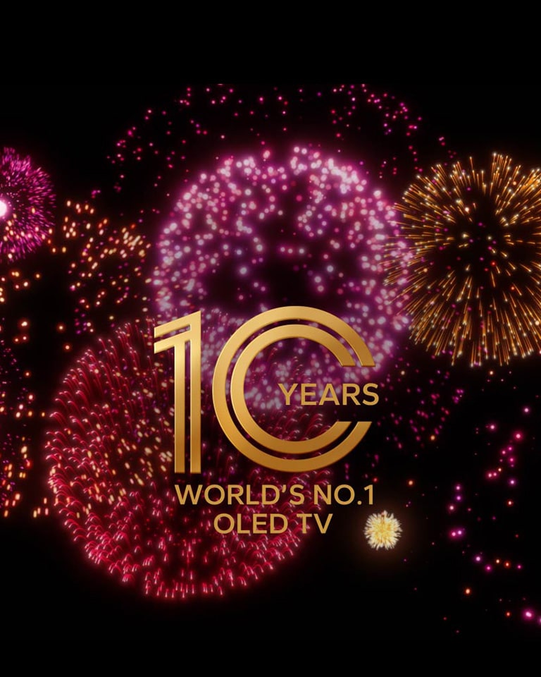 A video shows the 10 Years World's No.1 OLED TV emblem appear gradually against a black backdrop with purple and blue fireworks.