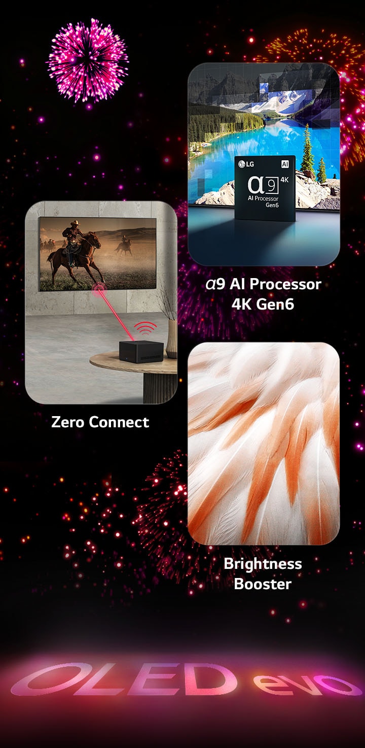 An image presenting the key features of the LG OLED evo M3 against a black background with a pink and purple firework display. The pink reflection from the firework display on the ground shows the words "OLED evo." Within the picture, an image depicting Zero Connect shows OLED M3 on the wall of a gray room with the Zero Connect Box wirelessly transmitting the picture. An image depicting the α9 AI Processor 4K Gen6 shows the chip standing before a picture of a lake scene being remastered with the processing technology. An image presenting Brightness Booster Max shows a tiger with deep contrast and bright whites.
