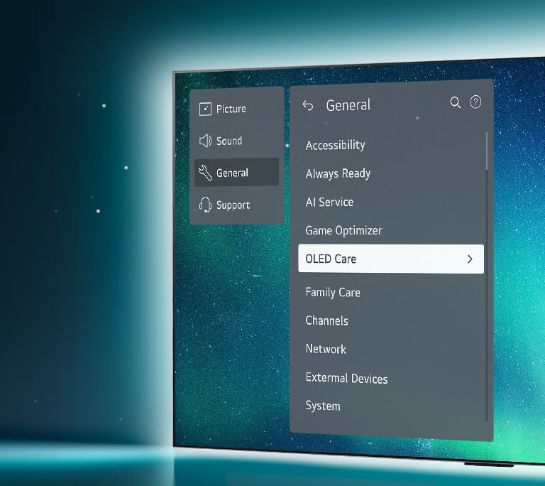 OLED TV is standing majestically on the right side of the image and the background is shimmering like the night sky. As white lights are shining from the back of the TV. The Support menu is up on the screen, and the OLED Care menu is selected.