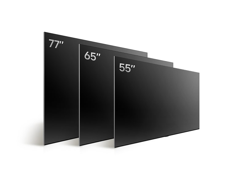 Comparing LG OLED B4's varying sizes, showing 48", 55", 65", and 77".