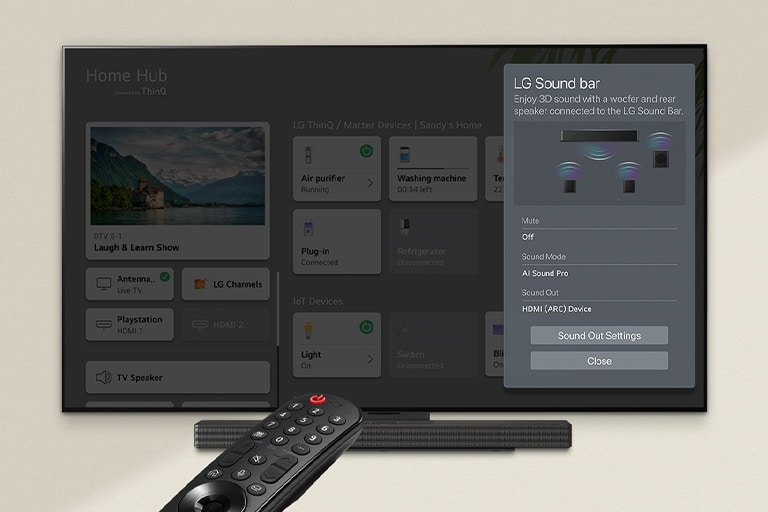 A remote control pointed at an LG OLED TV showing settings on the right side of the screen.