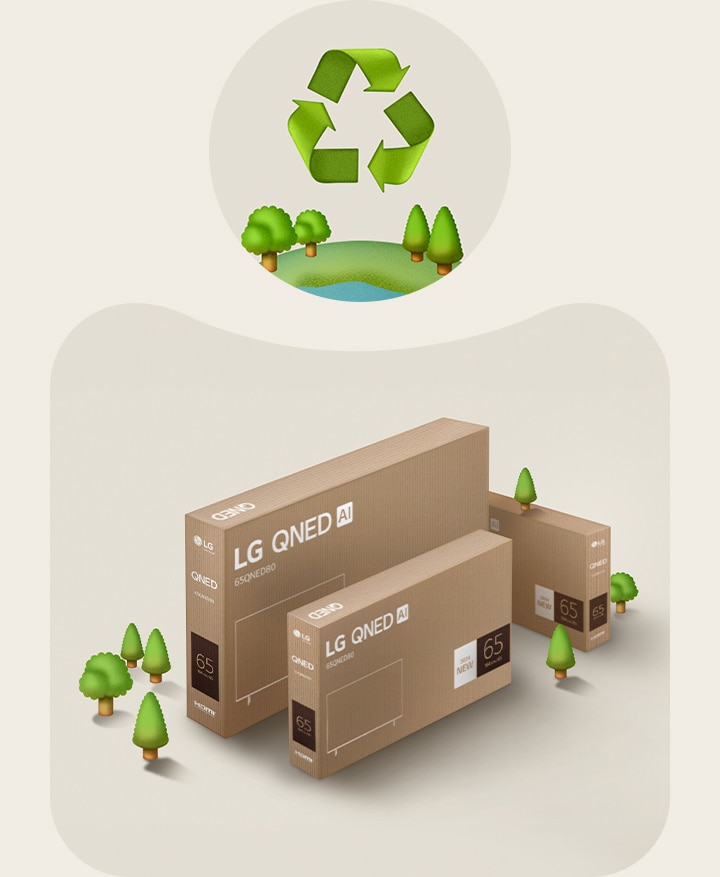 LG QNED packaging against a beige background with illustrated trees.