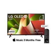 Front view with LG OLED TV, OLED B4, 11 Years of world number 1 OLED Emblem and webOS Re:New Program logo on screen with 2-pole stand