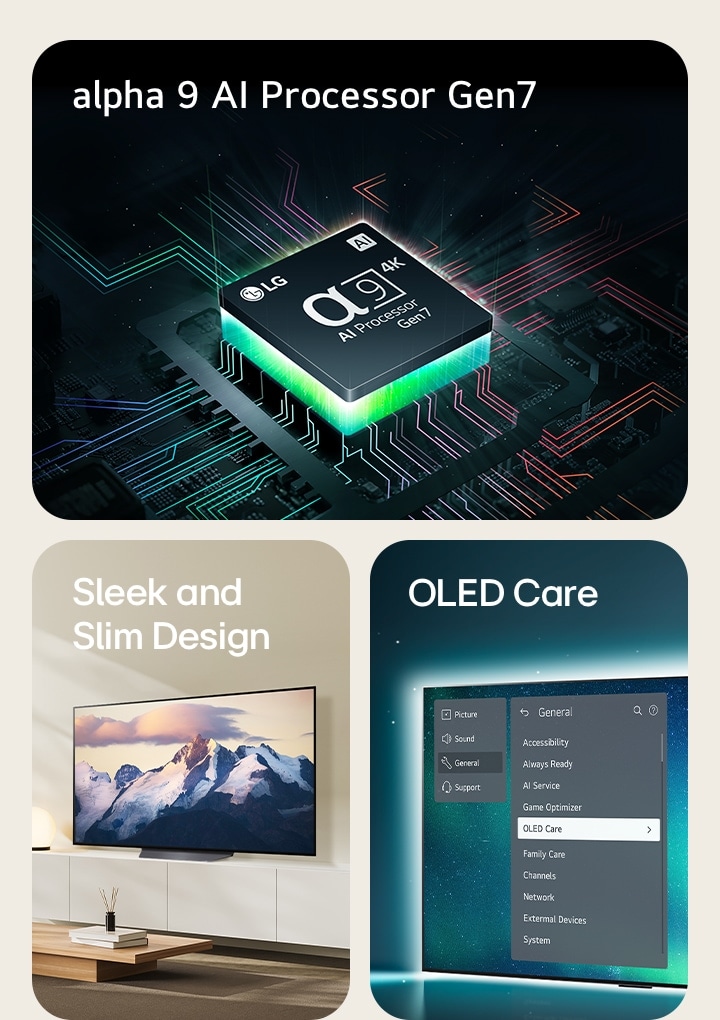 LG's alpha 9 AI Processor Gen7 on top of a motherboard, emitting green bolts of light. Sleek and Slim Designed OLED TV placed in a modern living space. OLED TV with the OLED Care menu is selected in the support menu that is up on the screen.