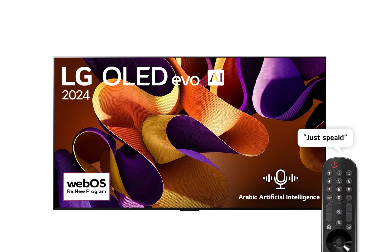 Front view with LG OLED evo TV, OLED G4, 11 Years of world number 1 OLED Emblem, and 5-Year Panel Warranty logo on screen