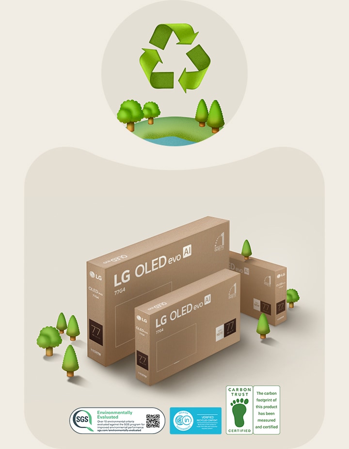 LG OLED packaging against a beige background with illustrated trees. 	