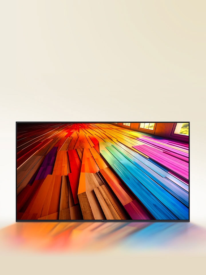 A vibrantly colored, long stretch of hardwood flooring is displayed on an LG UHD TV.