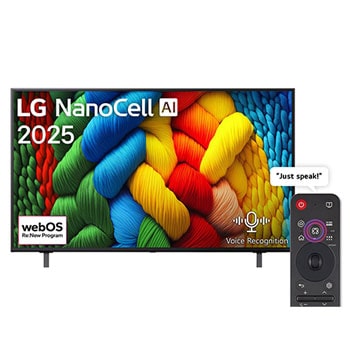 Front view of NanoCell TV, LG NanoCell Al Logo on the top corner. LG NanoCell NANO80 TV depicts colorful paintike textures coming together.