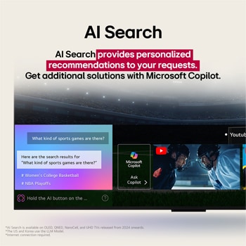 Close-up of an LG TV screen showing how AI Search works. A small chat window is open showing how the user asked for what sports games are available. AI search responded via chat and by showing thumbnails of available content. There is also a prompt to ask Microsoft Copilot. 