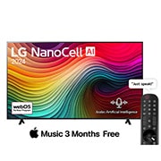 Front view of LG NanoCell TV, NANO80 with text of LG NanoCell, 2024, and webOS Re:New Program logo on screen