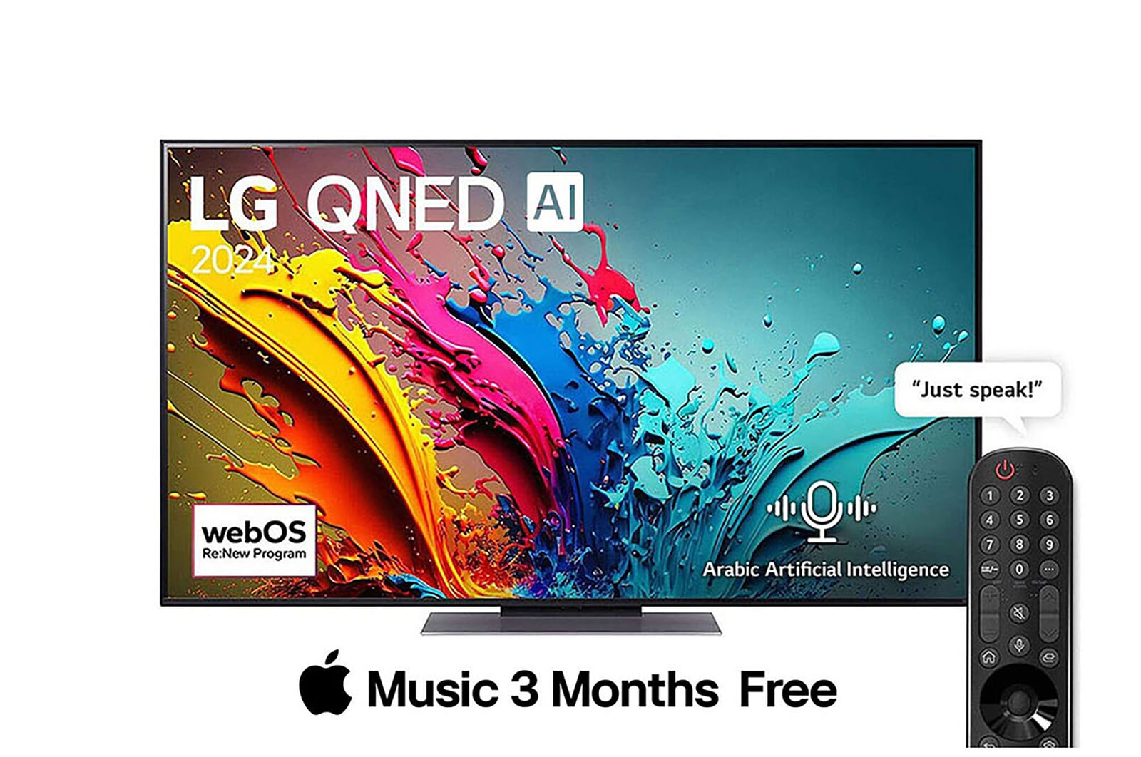 Front view of LG QNED TV, QNED86 with text of LG QNED, 2024, and webOS Re:New Program logo on screen