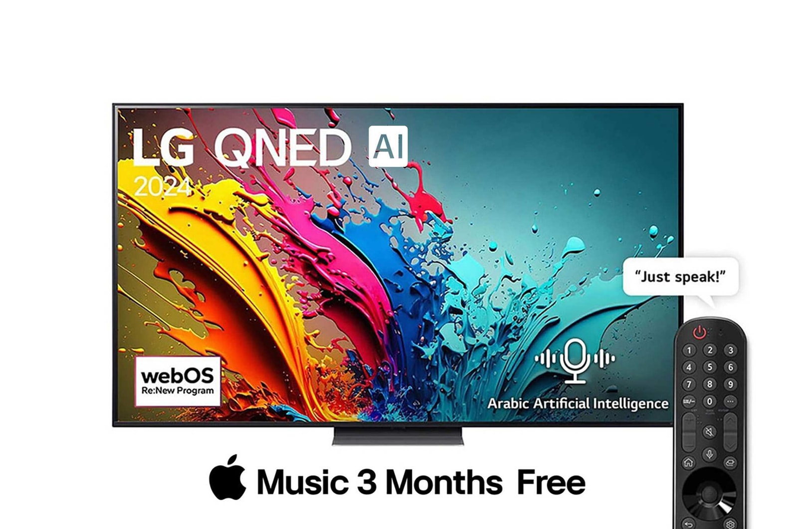 Front view of LG QNED TV, QNED86 with text of LG QNED, 2024, and webOS Re:New Program logo on screen