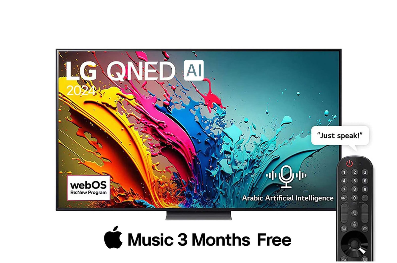 Front view of LG QNED TV, QNED86 with text of LG QNED, 2024, and webOS Re:New Program logo on screen