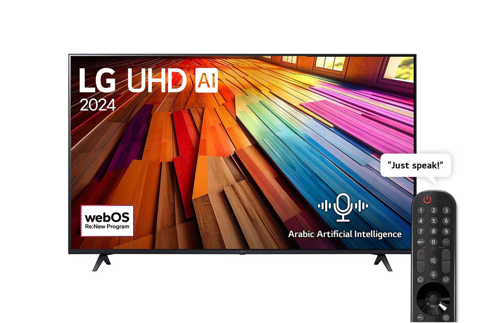 Front view of LG UHD TV, UT80 with text of LG UHD AI ThinQ, 2024, and webOS Re:New Program logo on screen