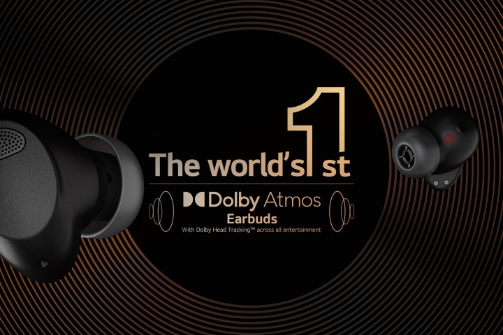 The black T90S earbuds are float in infinite space. On the left, it shows a front view of the left earbud. On the right, right earbud is shown. In the middle, Dolby Atmos earbuds logo is shown, and the sound graphics are placed next to it.