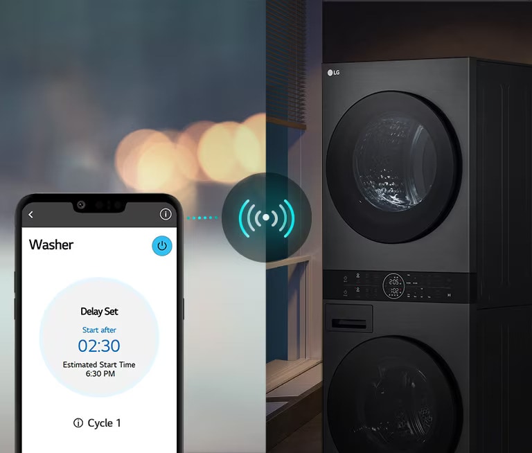 An image on the left shows a man looking down at his phone. The image on the right shows the washer at home with a green light on the display. At the center of the two images in a picture of the screen of the phone which shows the washer on the LG ThinQ app and a connectivity icon.