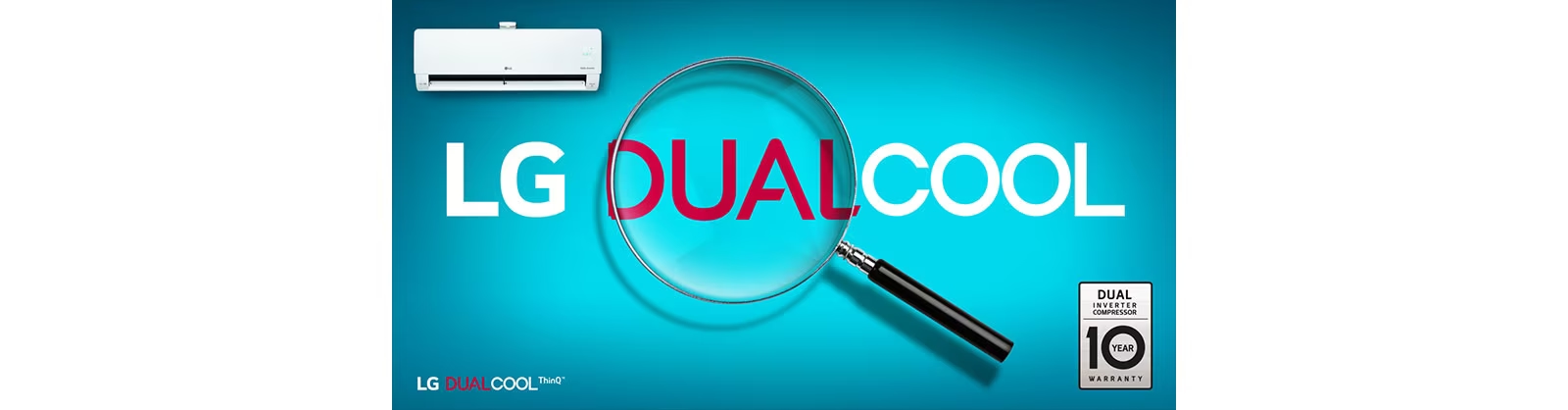 LG Dual Cool's letter is enlarged with a magnifying glass to emphasize it.