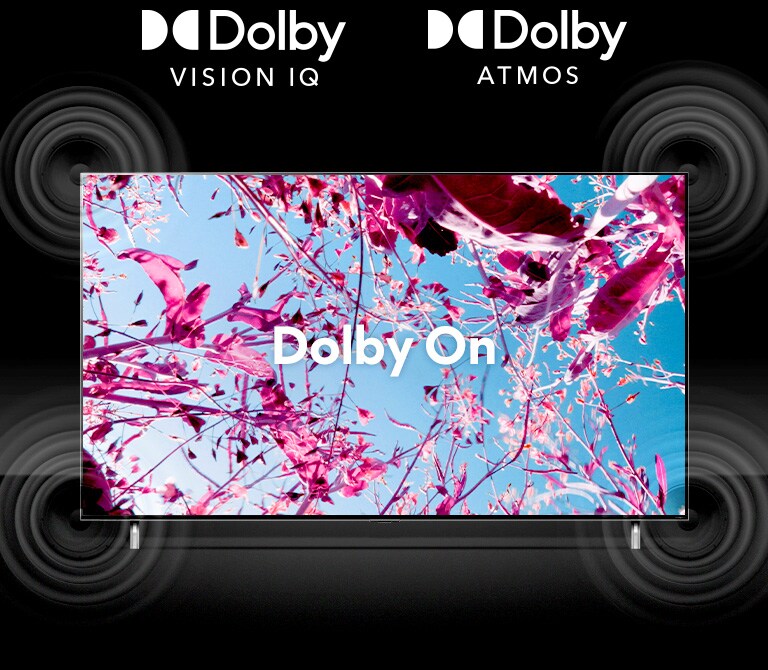 QNED TV screen shows a rapeseed pink flowers on summer field and the text in the middle says Dolby OFF. The inscreen image becomes brighter and the text changes to dolby on.