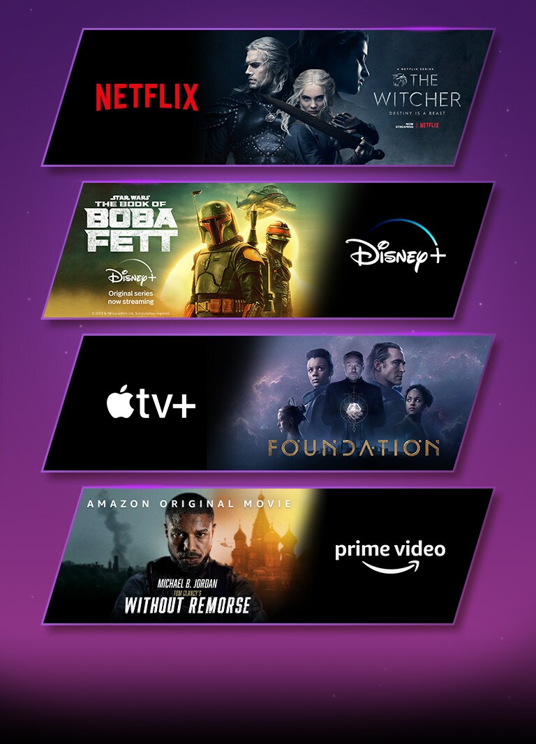 There are 3 image blocks – each with streaming platform logo and footage image. Netflix logo with the Witcher, Apple TV plus logo with Foundation, and prime video logo with Without Remorse.