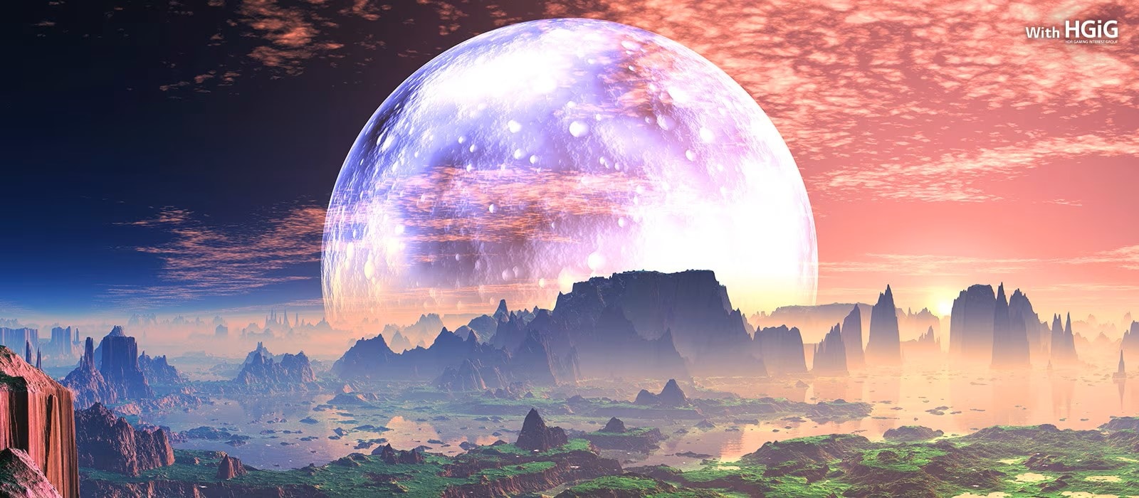 A scene of a dawn on Idyllic Earth-like Planet is divided into two part – on left is a more dull and less bright and the text says without HGiG on left top corner. On right is a brighter scene and the text says with HGiG on right top corner.