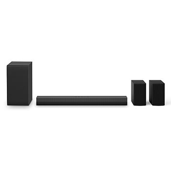 Front view of LG Soundbar S45TR, subwoofer, and Rear Speakers